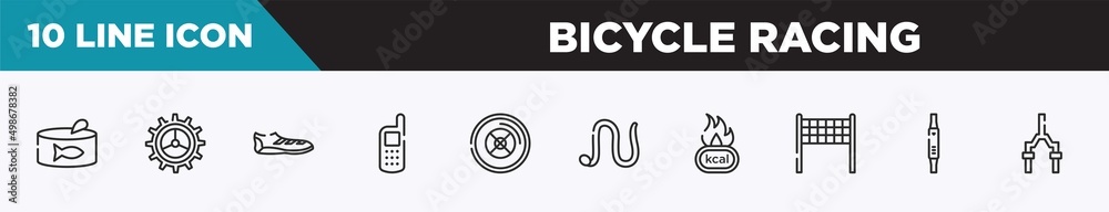 set of 10 outline bicycle racing icons. editable thin line icons such as tuna can, crank, soccer boots, variometer, weight plates, earthworm, calories vector illustration. set of 10 outline bicycle racing icons. editable thin line icons such as tuna can, crank, soccer boots, variometer, weight plates, earthworm, calories vector illustration.