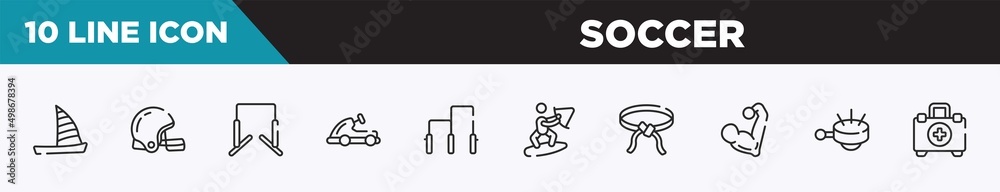 set of 10 outline soccer icons. editable thin line icons such as catamaran, rugby helmet, horizontal bars, go kart, gym bars, wakeboarding, belts vector illustration. set of 10 outline soccer icons. editable thin line icons such as catamaran, rugby helmet, horizontal bars, go kart, gym bars, wakeboarding, belts vector illustration.