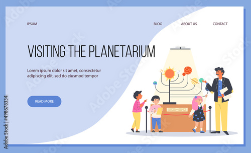Planetarium excursion for children website banner, flat vector illustration.