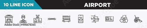 set of 10 outline airport icons. editable thin line icons such as bike shop, ticket collector, identity card, damper, double decker bus, rent a car, turbulence vector illustration.