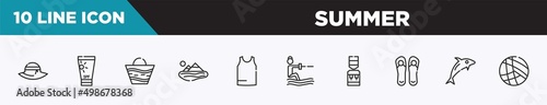 set of 10 outline summer icons. editable thin line icons such as pamela hat, sunscreen, beach bag, lake, sleeveless, waterski, dispenser vector illustration.