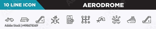 set of 10 outline aerodrome icons. editable thin line icons such as convertible car, ferry boat, or up, military helicopter bottom view, luggage locker, manual transmission, campsite vector