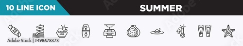 set of 10 outline summer icons. editable thin line icons such as solstice, aqua park, summer sale, bodyboard, funicular, fig, summer hat vector illustration.