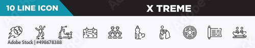 set of 10 outline x treme icons. editable thin line icons such as home run, powerbocking, gym station, tactic, baseball team, food and drink, bullfight vector illustration.