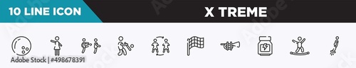 set of 10 outline x treme icons. editable thin line icons such as bowling ball, hostess, disciple, batter, substitute, race flag, ets vector illustration.