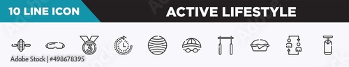 set of 10 outline active lifestyle icons. editable thin line icons such as electric unicycle, goggle, third place, routine, yoga ball, swimming hat, horizontal bar vector illustration.