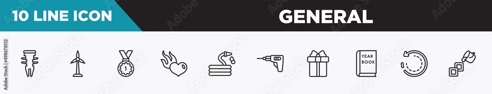 set of 10 outline general icons. editable thin line icons such as dyupel, renewable energy label, number one medal, heart in flames, hose with drops, perforator, gift box with ribbon vector set of 10 outline general icons. editable thin line icons such as dyupel, renewable energy label, number one medal, heart in flames, hose with drops, perforator, gift box with ribbon vector