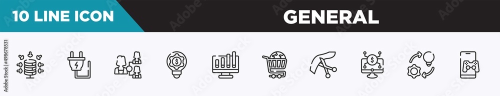set of 10 outline general icons. editable thin line icons such as data aggregation, electric plug, hr planning, fintech innovation, ar graph, ecommerce solutions, inauguration vector illustration.