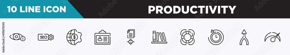 set of 10 outline productivity icons. editable thin line icons such as views, seo label, finances, credential, sharing archives, calibre, rescue vector illustration. set of 10 outline productivity icons. editable thin line icons such as views, seo label, finances, credential, sharing archives, calibre, rescue vector illustration.