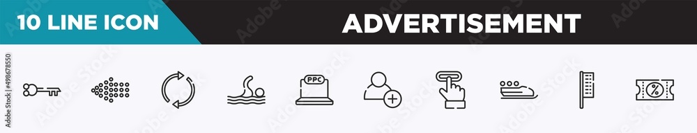 set of 10 outline advertisement icons. editable thin line icons such as old key in diagonal, left dots arrow, arrow circle, swim, ppc, hire, subscription vector illustration.