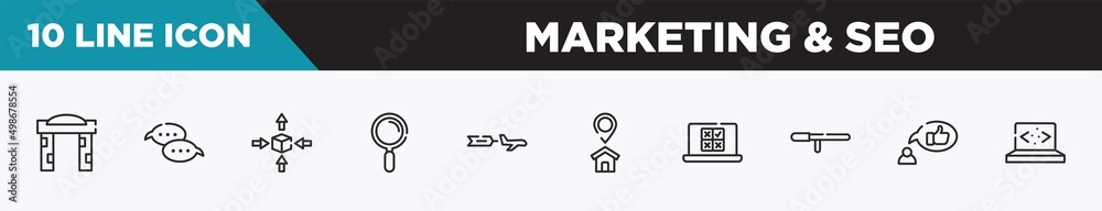 set of 10 outline marketing & seo icons. editable thin line icons such as welcome gate, speech bubbles, differentiation, magnifier tool, aerial advertising, home address, online voting vector