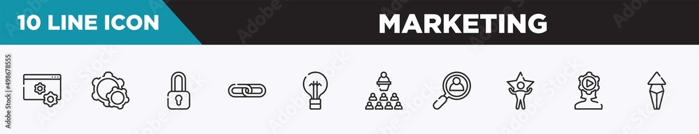 set of 10 outline marketing icons. editable thin line icons such as web management, configuration, locked padlock, link, black lightbulb, seminar, hiring vector illustration. set of 10 outline marketing icons. editable thin line icons such as web management, configuration, locked padlock, link, black lightbulb, seminar, hiring vector illustration.