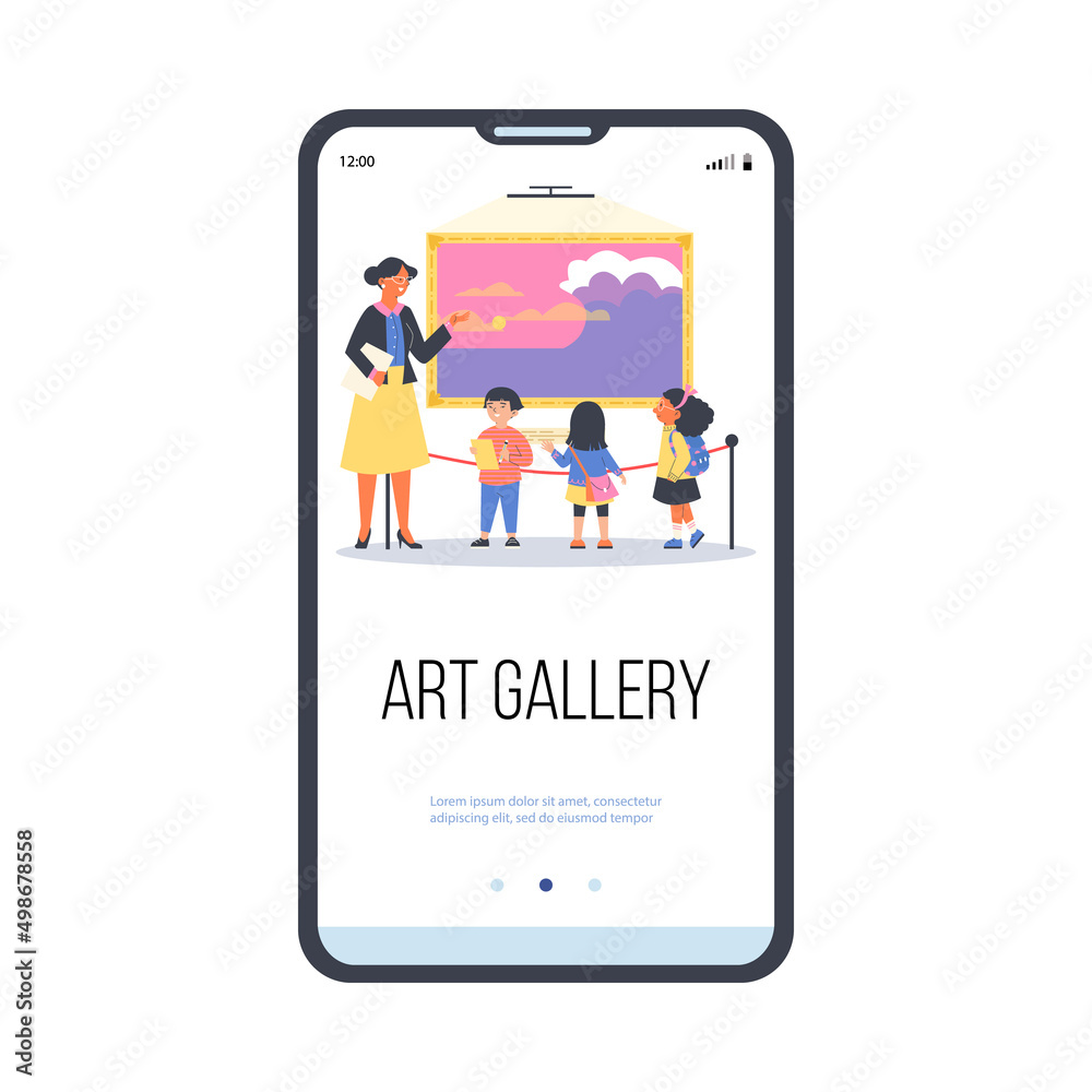Art gallery onboarding page layout for school trips, flat vector illustration. Art gallery onboarding page layout for school trips, flat vector illustration.