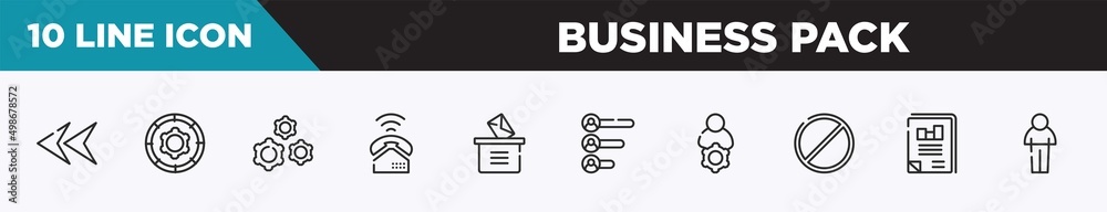 set of 10 outline business pack icons. editable thin line icons such as left arrow head, function, wheel with cogs, ringing, manual voting, voting results, administrator vector illustration.