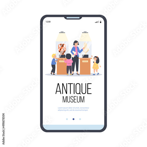 Antique museum mobile app onboarding page template, flat vector illustration.