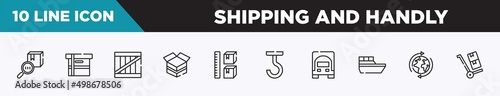 set of 10 outline shipping and handly icons. editable thin line icons such as trackcode, small cardboard box, wooden box, open cardboard box, storage capacity, use hooks, frontal truck vector © VectorStockDesign