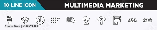 set of 10 outline multimedia marketing icons. editable thin line icons such as conversion, unboxing, charts, ratings, seo tag, download from cloud, upload to cloud vector illustration.