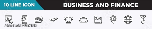 set of 10 outline business and finance icons. editable thin line icons such as monetizing, mobile marketing, , inclined airplane, justice balance, women puser, dual chart vector illustration.