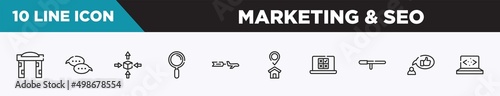set of 10 outline marketing & seo icons. editable thin line icons such as welcome gate, speech bubbles, differentiation, magnifier tool, aerial advertising, home address, online voting vector