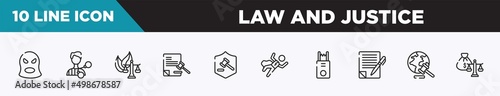set of 10 outline law and justice icons. editable thin line icons such as balaclava, criminal, environmental law, legal paper, defense, crime scene, electroshock weapon vector illustration.