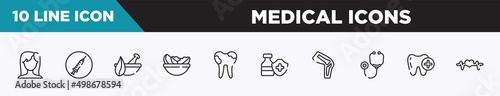 set of 10 outline medical icons icons. editable thin line icons such as brunette female woman long hair, drug abuse, natural herbs and a mortar for healing, vegetarian diet, dental caries, immunity