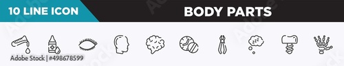 set of 10 outline body parts icons. editable thin line icons such as test tube, flask and drop of blood, drop of liquid, eye with lashes, male with bald hair side view, brain body organ, medicines