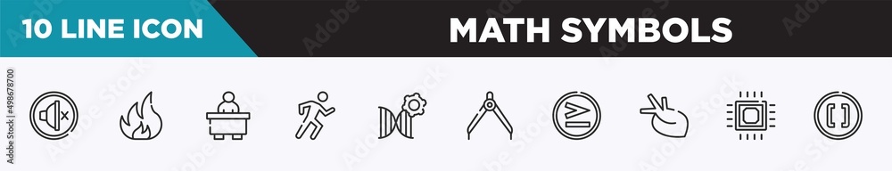set of 10 outline math symbols icons. editable thin line icons such as silent, flammable, librarian, physical, biotechnology, divider, greater than vector illustration. set of 10 outline math symbols icons. editable thin line icons such as silent, flammable, librarian, physical, biotechnology, divider, greater than vector illustration.