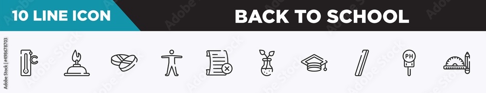 set of 10 outline back to school icons. editable thin line icons such as celsius, burn, drugs, anatomy, failed, botanic, graduation hat vector illustration. set of 10 outline back to school icons. editable thin line icons such as celsius, burn, drugs, anatomy, failed, botanic, graduation hat vector illustration.