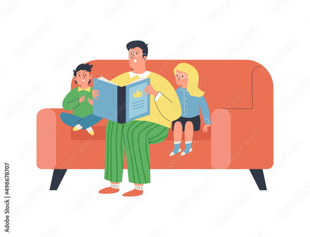 Father reading a book to his children flat cartoon vector illustration isolated. Father reading a book to his children flat cartoon vector illustration isolated.