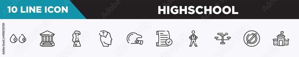 set of 10 outline highschool icons. editable thin line icons such as blood type, academy, chemicals, doubt, baseball helmet, passed, pe teacher vector illustration. set of 10 outline highschool icons. editable thin line icons such as blood type, academy, chemicals, doubt, baseball helmet, passed, pe teacher vector illustration.