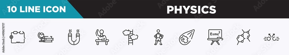 set of 10 outline physics icons. editable thin line icons such as electrical circuit, studies, magnetism, raising hand, ascend, basketball player, meteor vector illustration. set of 10 outline physics icons. editable thin line icons such as electrical circuit, studies, magnetism, raising hand, ascend, basketball player, meteor vector illustration.