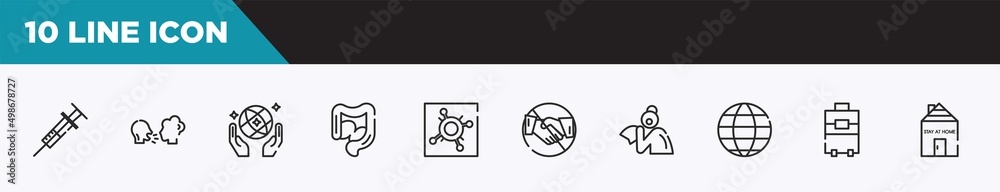 set of 10 outline icons. editable thin line icons such as syringe, virus transmission, save the world, intestine, pandemic, no handshake, sneeze vector illustration. set of 10 outline icons. editable thin line icons such as syringe, virus transmission, save the world, intestine, pandemic, no handshake, sneeze vector illustration.