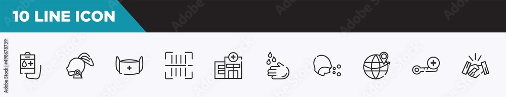 Fototapeta premium set of 10 outline icons. editable thin line icons such as blood bag, sore throat, medical mask, scan, clinic, washing hand, cough vector illustration.