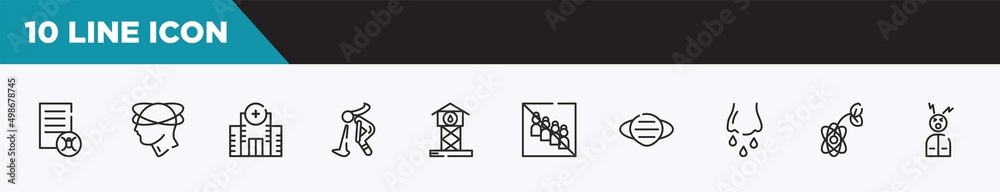 set of 10 outline icons. editable thin line icons such as infected, dizziness, hospital, vomit, reservoir, no group, mask vector illustration. set of 10 outline icons. editable thin line icons such as infected, dizziness, hospital, vomit, reservoir, no group, mask vector illustration.