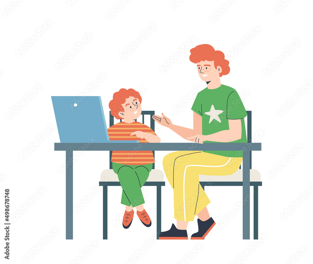 Father teaching his child at home, flat cartoon vector illustration isolated.