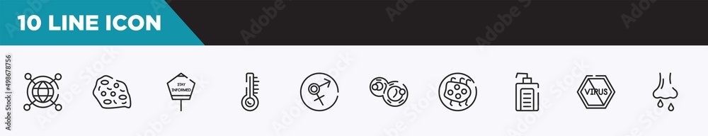 set of 10 outline icons. editable thin line icons such as spreading, amoeba, stay informed, temperature, sexual transmitted disease, cell division, influenza vector illustration. set of 10 outline icons. editable thin line icons such as spreading, amoeba, stay informed, temperature, sexual transmitted disease, cell division, influenza vector illustration.