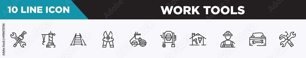 set of 10 outline work tools icons. editable thin line icons such as wrench and screwdriver cross, derrick facing right, double ladder, mower scissor, roller hine of construction, concrete mixer set of 10 outline work tools icons. editable thin line icons such as wrench and screwdriver cross, derrick facing right, double ladder, mower scissor, roller hine of construction, concrete mixer