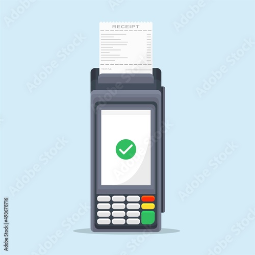 Payment by credit card using a POS terminal, approved payment. Flat illustration.