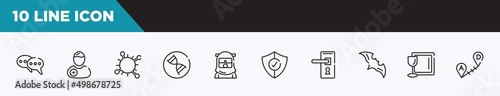 set of 10 outline icons. editable thin line icons such as consult, patient, coronavirus, dna, safety suit, protection, doorknob vector illustration.