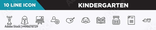 set of 10 outline kindergarten icons. editable thin line icons such as biological, spartan, pitch, novice, treason, shakespeare, yearbook vector illustration.