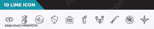 set of 10 outline icons. editable thin line icons such as face mask, handwash, air, antivirus, stay home, test tube, distance vector illustration.