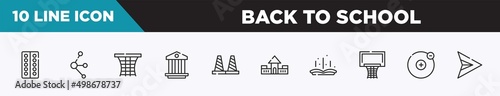 set of 10 outline back to school icons. editable thin line icons such as blister, molecules, basketball gear, pillars, bollards, fort, tale vector illustration.