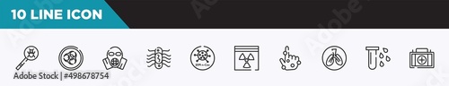 set of 10 outline icons. editable thin line icons such as virus search, epidemic, respirator mask, e coli, 2019-ncov, hazmat, rash vector illustration.