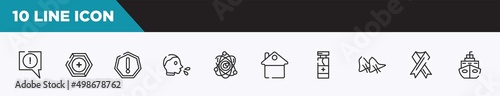 set of 10 outline icons. editable thin line icons such as atention, prevention, precaution, cover cough, science, stay at home, disinfect vector illustration.