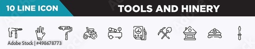 set of 10 outline tools and hinery icons. editable thin line icons such as big driller  left glove  brush for painting  farm tractor  air compressor  electric gauge  mine vector illustration.