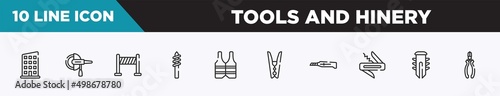 set of 10 outline tools and hinery icons. editable thin line icons such as rectangles, grinder hine, road panel, drill tip, reflective vest, clothespin, stationery knife vector illustration.