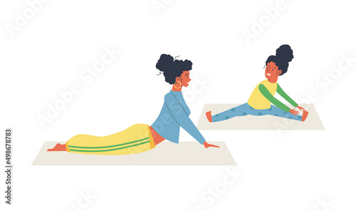 Mother teaches child yoga exercises, flat cartoon vector illustration isolated.