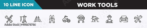 set of 10 outline work tools icons. editable thin line icons such as wrench and screwdriver cross, derrick facing right, double ladder, mower scissor, roller hine of construction, concrete mixer