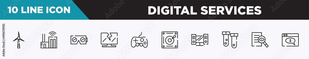set of 10 outline digital services icons. editable thin line icons such as wind turbine, smart city, virtual reality, broken laptop, controler, harddisk, workstation vector illustration. set of 10 outline digital services icons. editable thin line icons such as wind turbine, smart city, virtual reality, broken laptop, controler, harddisk, workstation vector illustration.