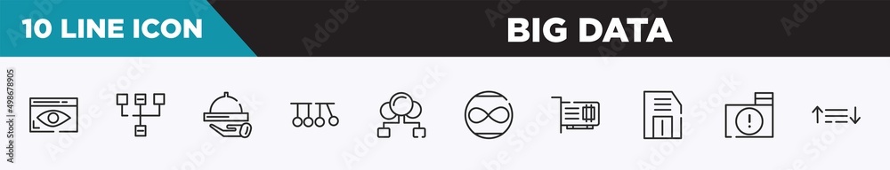 set of 10 outline big data icons. editable thin line icons such as stalking, sitemap, hotel service, newton cradle, cloud sharing, unlimited, network interface card vector illustration. set of 10 outline big data icons. editable thin line icons such as stalking, sitemap, hotel service, newton cradle, cloud sharing, unlimited, network interface card vector illustration.